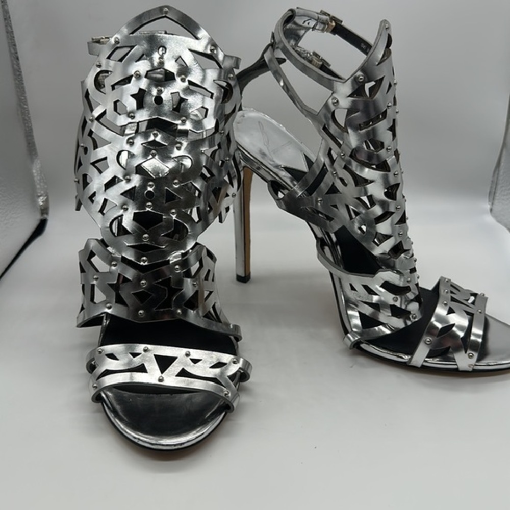 B Brian Atwood Laconica Mirrored Laser-Cut Cage Sandal, Silver size 10 - Picture 3 of 8
